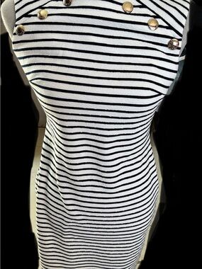 Tommy Hilfiger Black & White Striped Knit Tunic with Gold Buttons